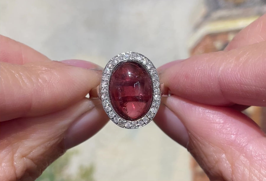 Cabochon pink tourmaline and diamond ring in white gold