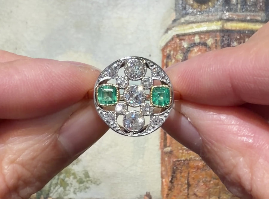 Art Deco old cut diamond and emerald ring
