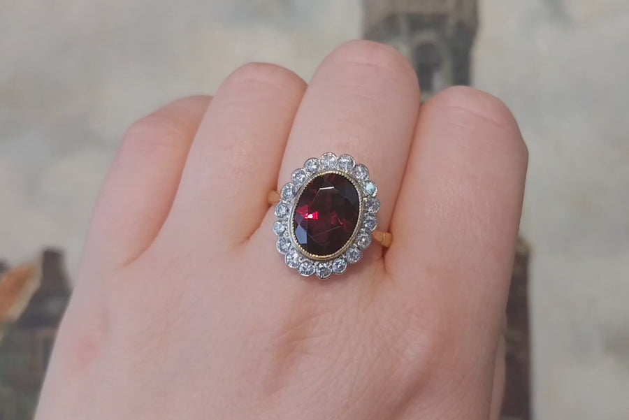 Vintage 18 carat garnet and diamond ring