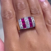 ​Vintage Art Deco stijl ring met synthetische robijnen en diamanten