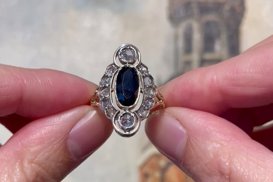 Sapphire and rose diamond marquise ring