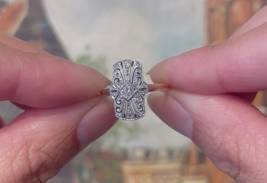 Art Deco filigree ring with diamonds
