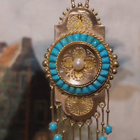 Antieke 18 karaat gouden hanger / broche met turquoise en parel