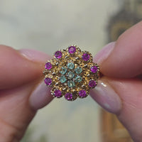 Emerald and ruby cluster ring