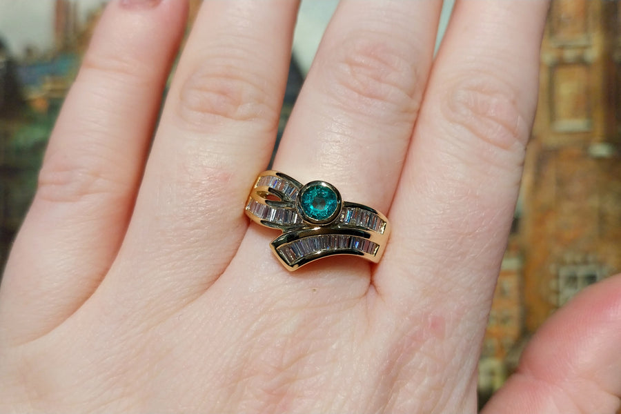 Baguette diamond and emerald ring-Vintage Rings-The Antique Ring Shop