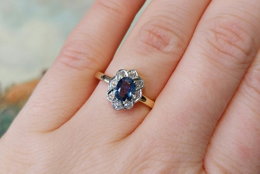 Vintage sapphire and diamond cluster ring-Vintage Rings-The Antique Ring Shop