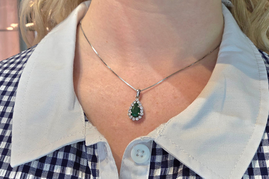 White gold emerald and diamond pendant-Pendants-The Antique Ring Shop