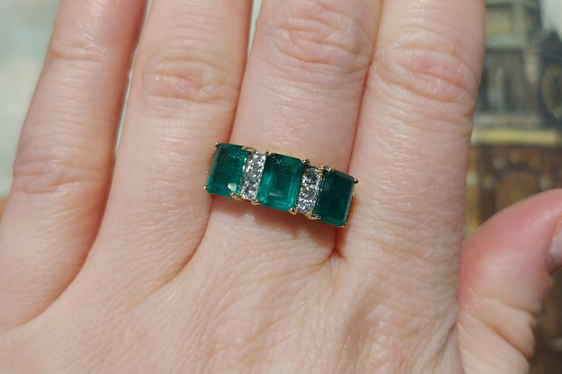 Emerald and diamond ring in 18 carat gold-Vintage Rings-The Antique Ring Shop