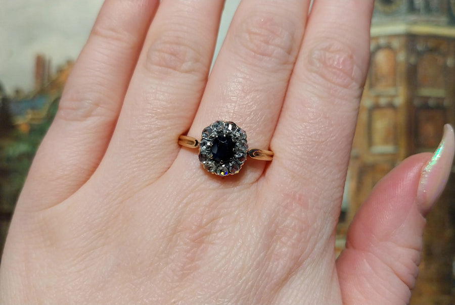 Sapphire and rose diamond cluster ring-Antique rings-The Antique Ring Shop