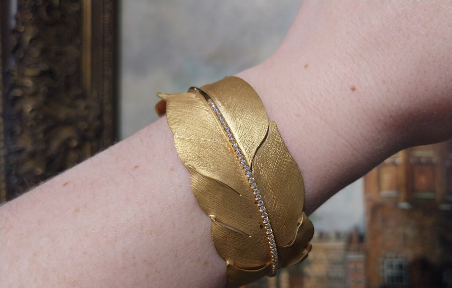 Leaf cuff with diamonds-Bracelets-The Antique Ring Shop