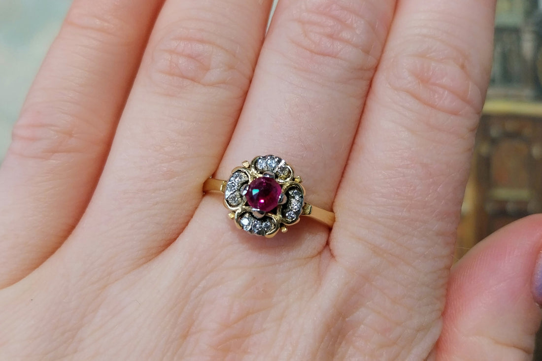 Ruby and diamond cluster ring in 18 carat gold-Vintage Rings-The Antique Ring Shop