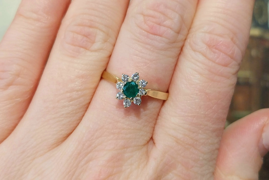 Emerald and diamond cluster ring-Vintage Rings-The Antique Ring Shop