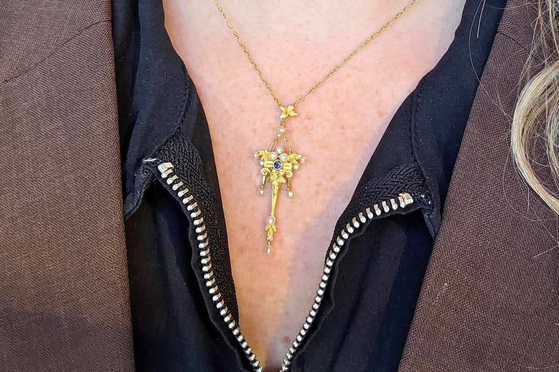 Art Nouvea pendant with pearls and sapphire-Pendants-The Antique Ring Shop