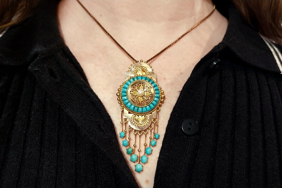 Antique 18 carat gold pendant / brooch with turquoise and a pearl-Pendants-The Antique Ring Shop