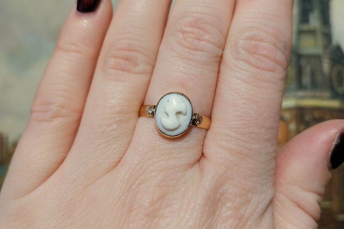 Cameo and rose diamond ring in 14 carat gold-Vintage Rings-The Antique Ring Shop