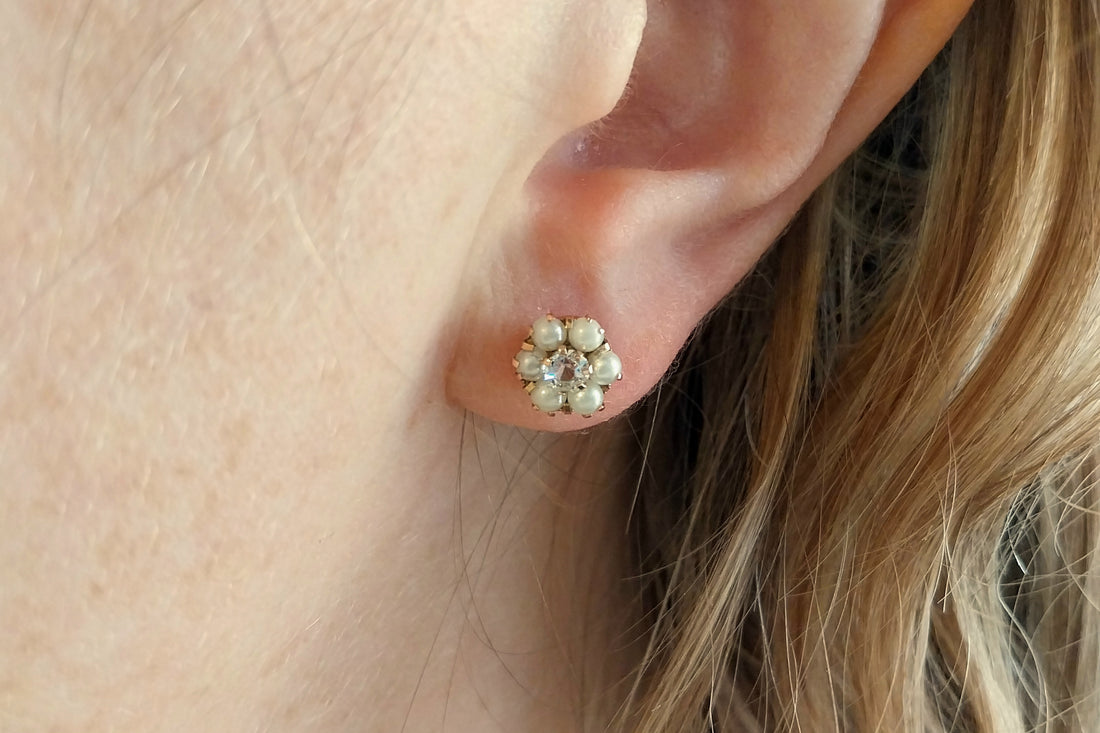 Pearl and zircon studs in 14 carat gold-Earrings-The Antique Ring Shop