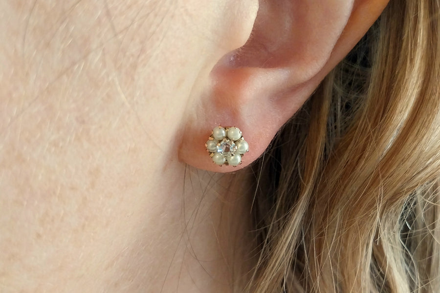 Pearl and zircon studs in 14 carat gold-Earrings-The Antique Ring Shop