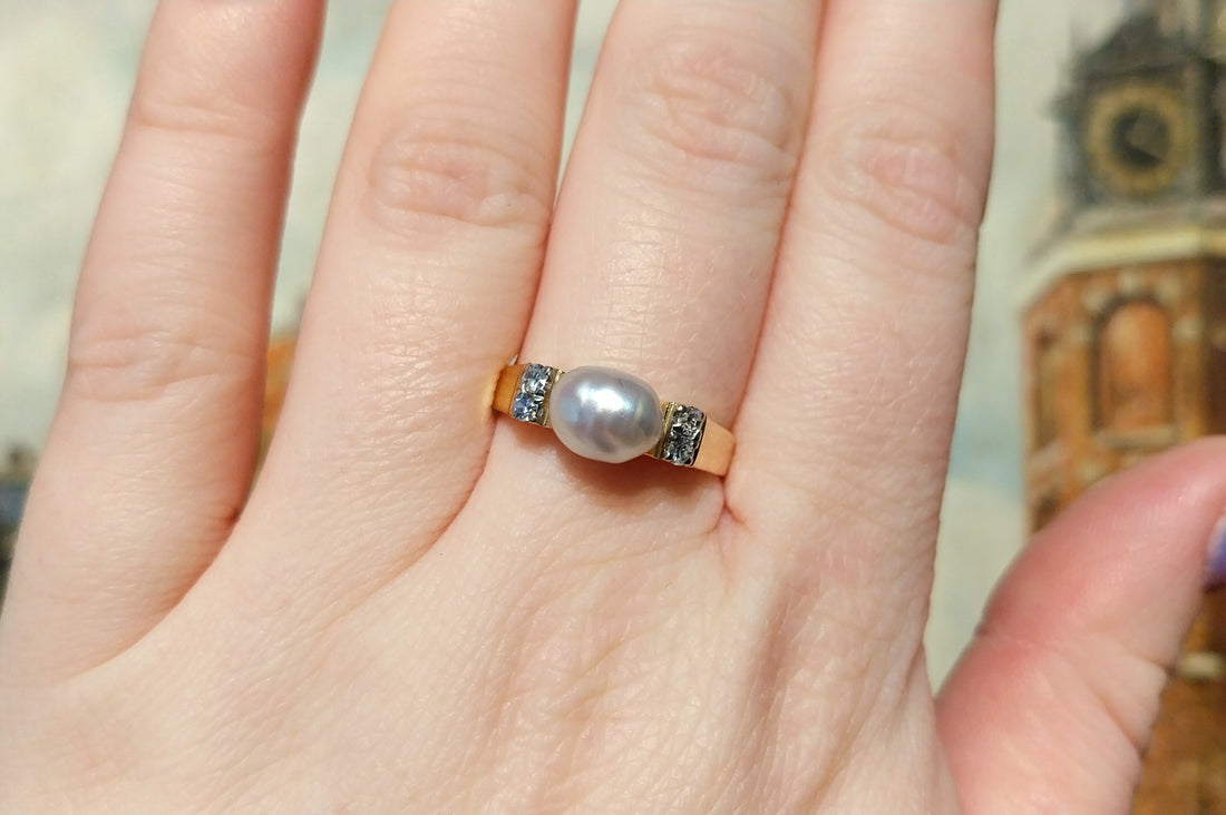 Baroque pearl and diamond ring in 18 carat gold-Vintage Rings-The Antique Ring Shop