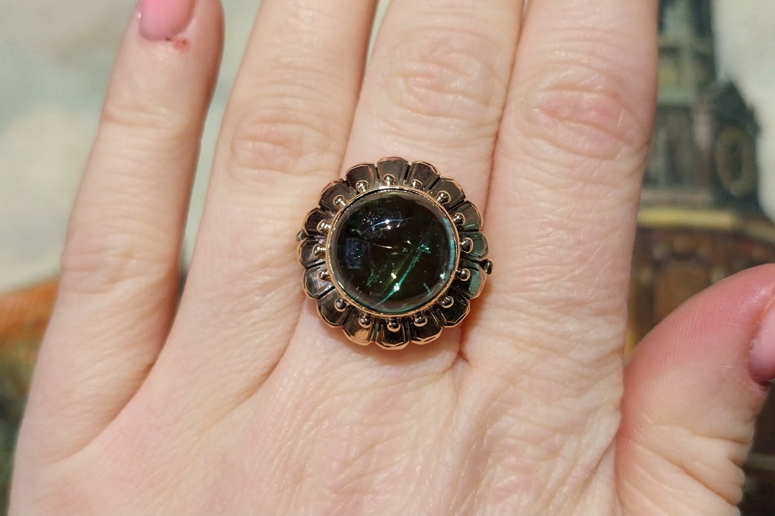 Vintage cabochon green tourmaline ring-Vintage Rings-The Antique Ring Shop