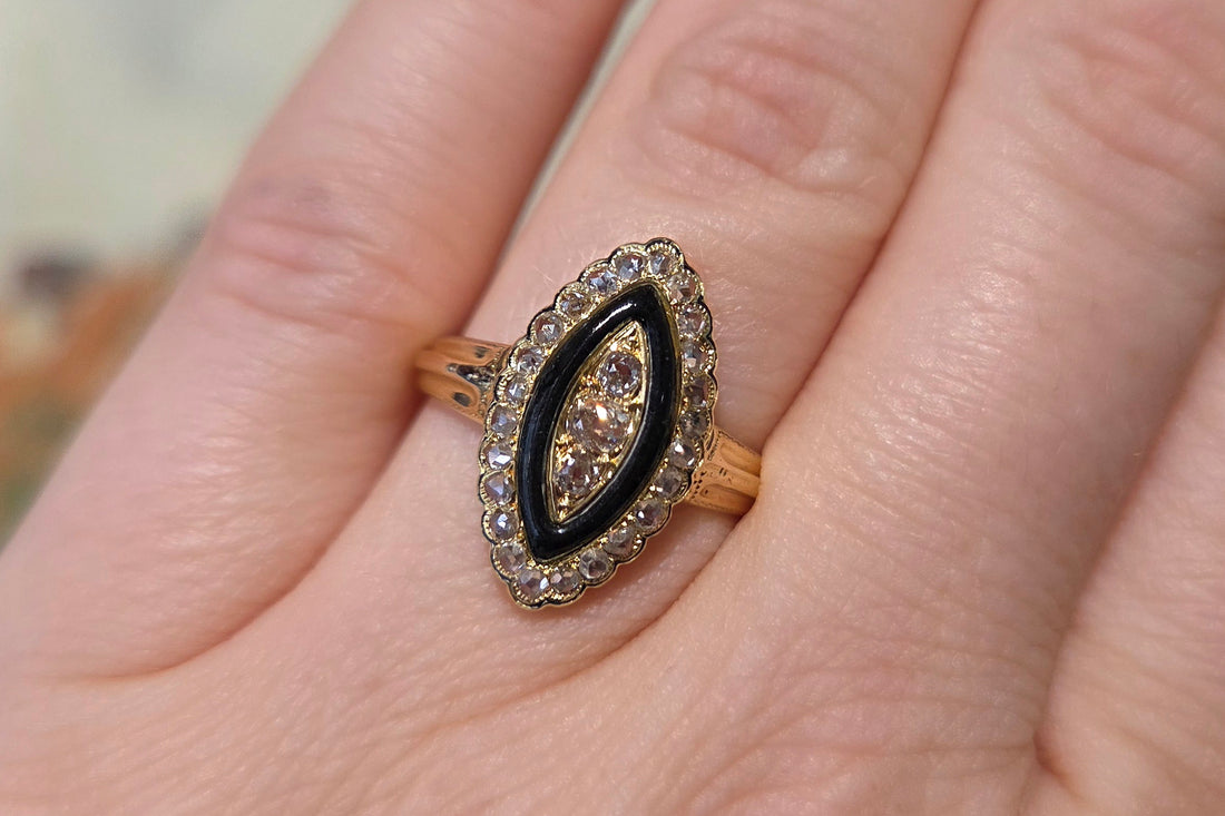 Antique marquise diamond ring with onyx and enamel-Antique rings-The Antique Ring Shop
