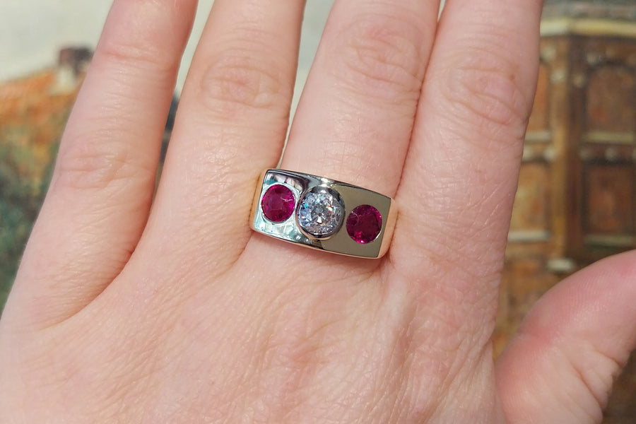 Old cut diamond and synthetic ruby ring in 18 carat gold-Vintage Rings-The Antique Ring Shop