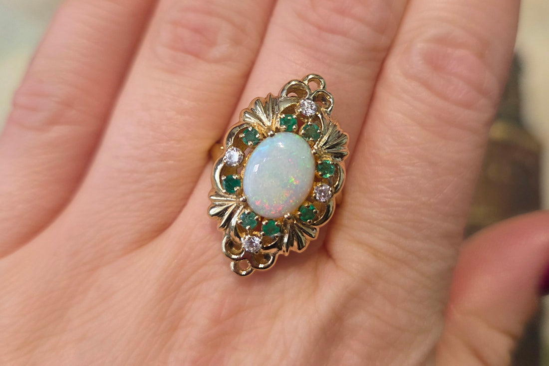 Opal emerald and diamond marquise ring