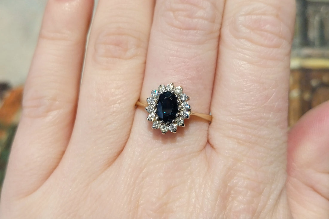 Sapphire and diamond cluster ring in 14 carat gold