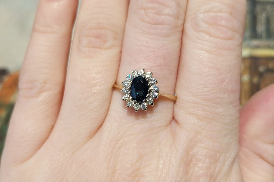 Sapphire and diamond cluster ring in 14 carat gold