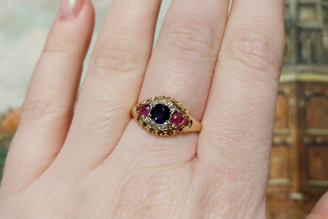 Edwardian 18 carat rose diamond sapphire and ruby ring-Antique rings-The Antique Ring Shop