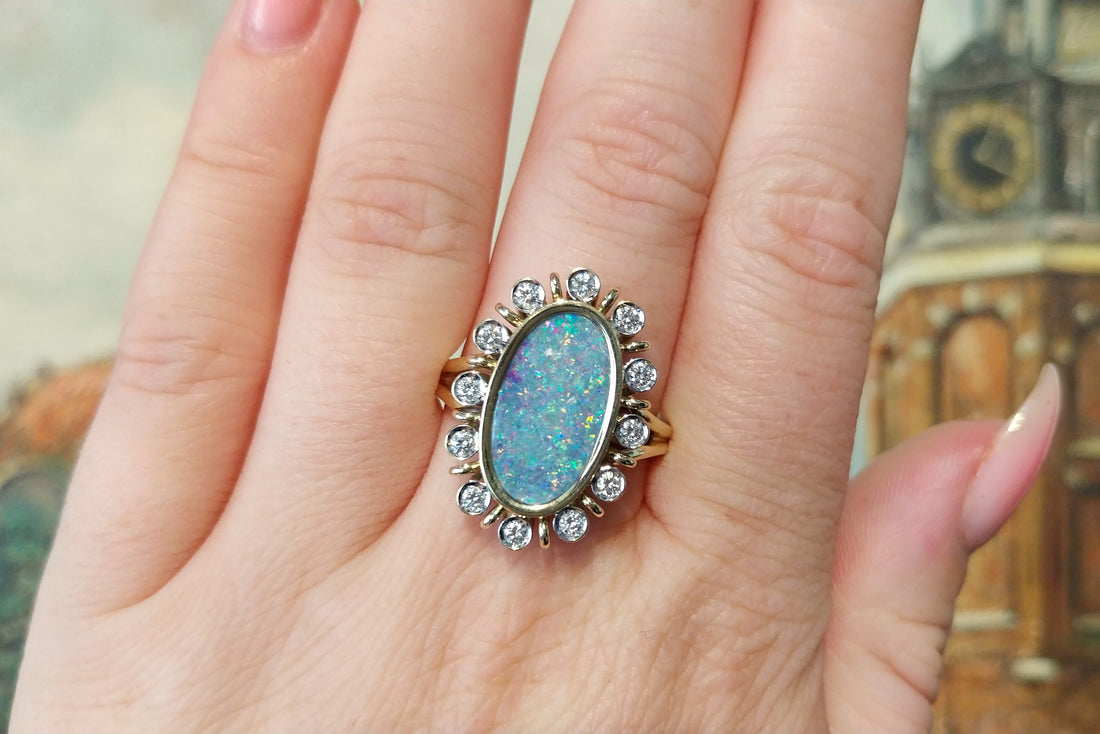 Opal doublet ring with diamonds-Vintage Rings-The Antique Ring Shop