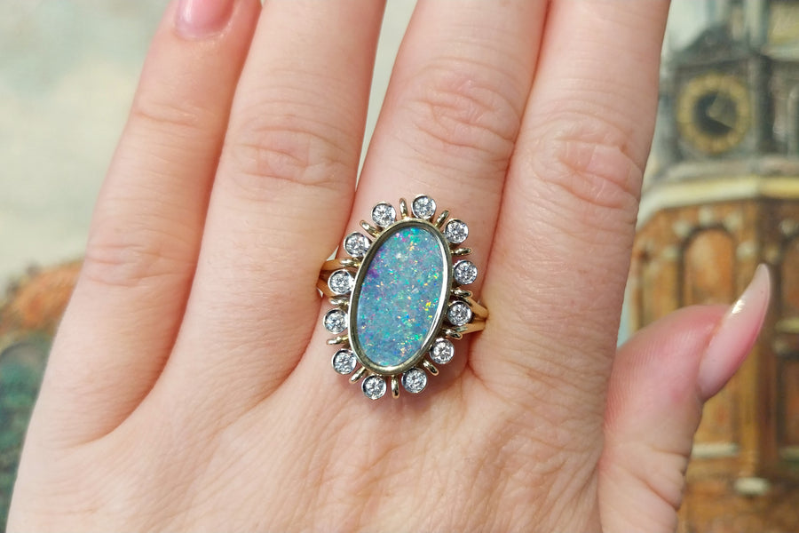 Opal doublet ring with diamonds-Vintage Rings-The Antique Ring Shop