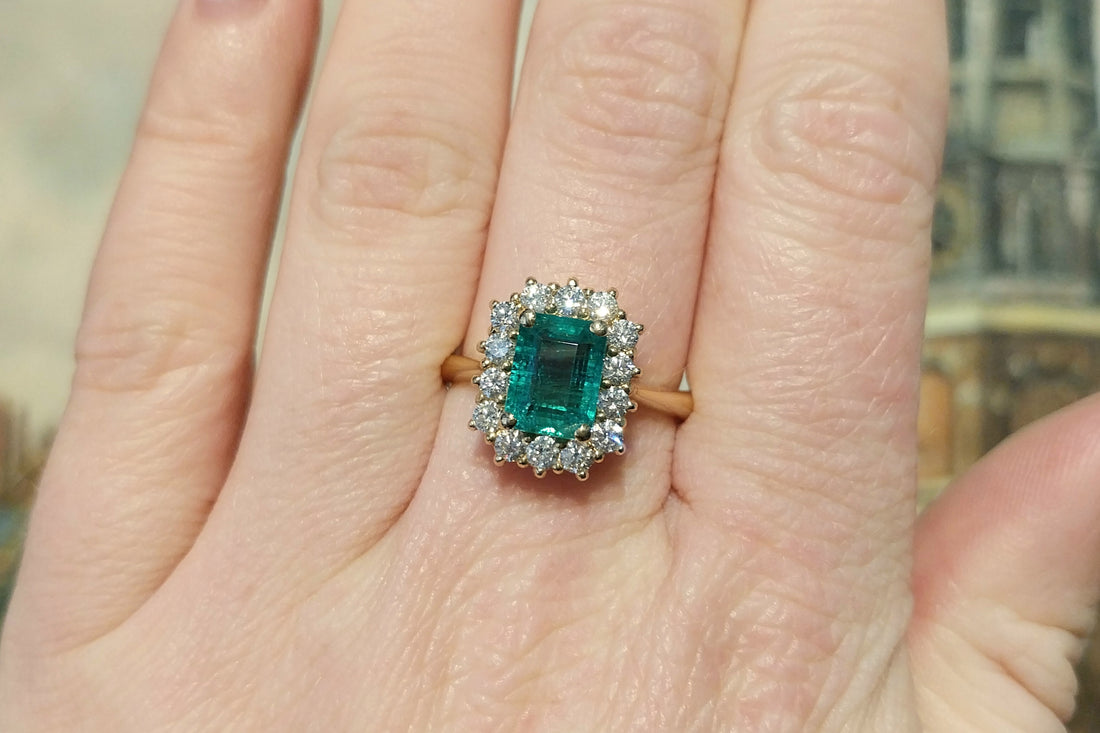 Emerald and diamond ring in 18 carat gold-The Antique Ring Shop