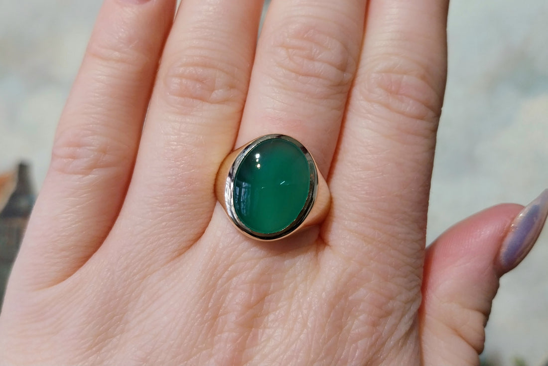 Chrysoprase signet ring in 14 carat gold-gents rings-The Antique Ring Shop