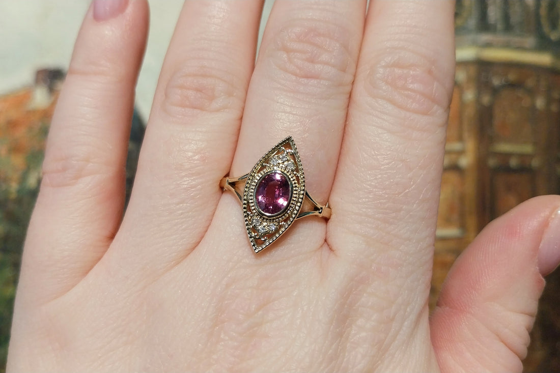 Pink sapphire marquise ring with diamonds-Vintage Rings-The Antique Ring Shop