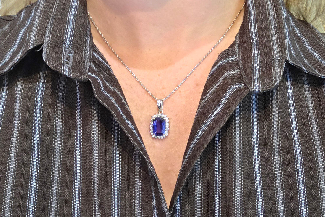 Tanzanite and diamond pendant in white gold-Pendants-The Antique Ring Shop
