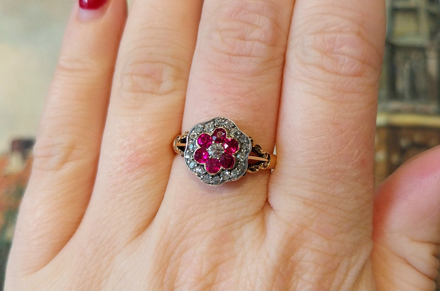 Edwardian old European cut diamond and ruby ring