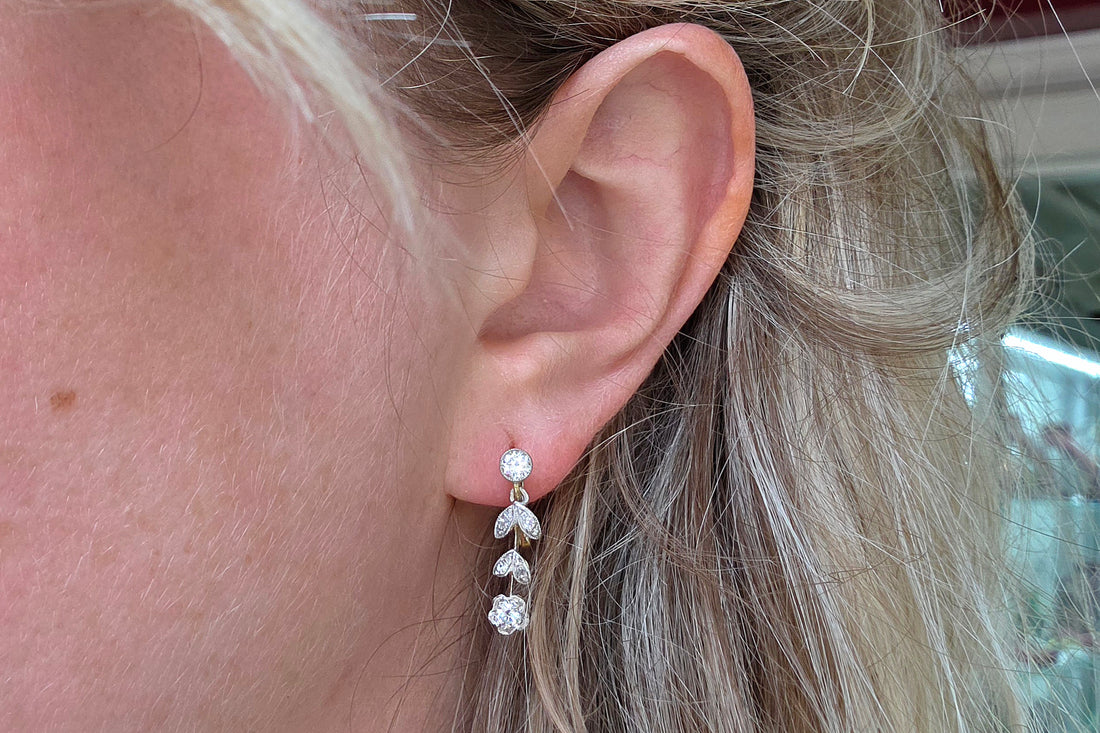 Vintage diamond pendant earrings-Earrings-The Antique Ring Shop