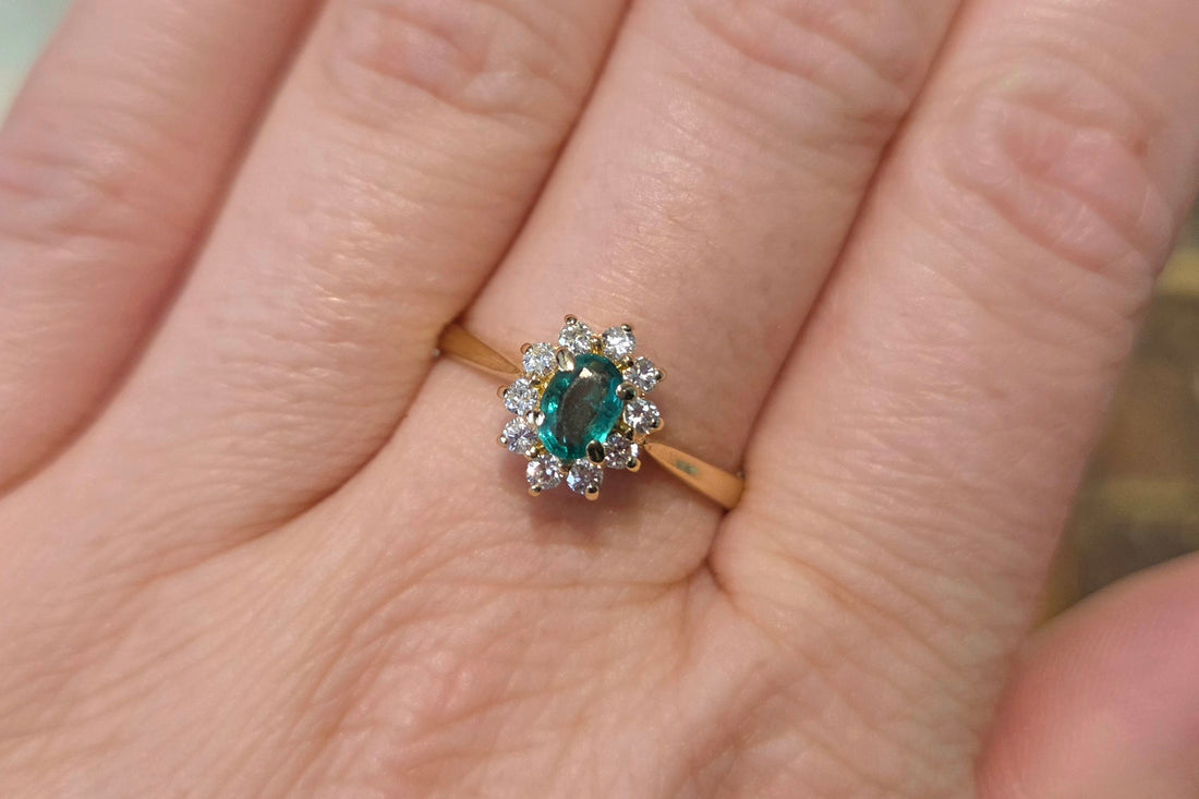 Emerald and diamond cluster ring in 18 carat gold-engagement rings-The Antique Ring Shop