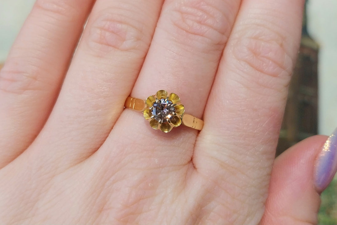 light brown diamond solitaire ring in 20 carat gold-engagement rings-The Antique Ring Shop