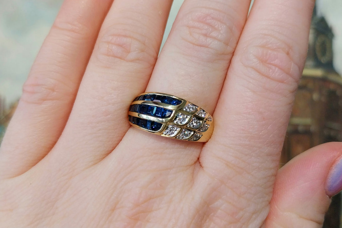 Carre sapphire and diamond ring in 18 carat gold-Vintage Rings-The Antique Ring Shop