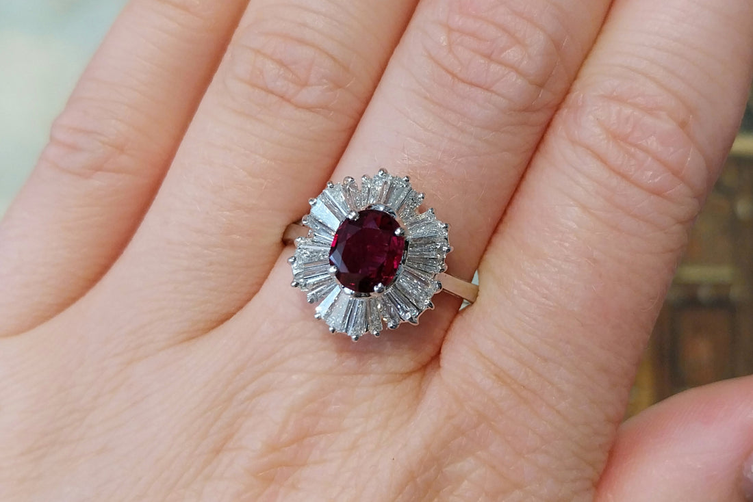 Baguette diamond and ruby ring in white gold-The Antique Ring Shop