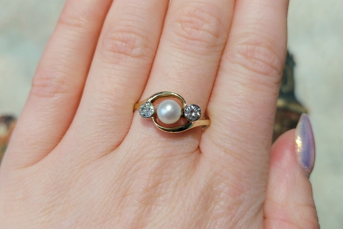 Vintage pearl and brilliant cut diamond ring-Vintage Rings-The Antique Ring Shop