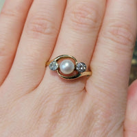 Vintage pearl and brilliant cut diamond ring-Vintage Rings-The Antique Ring Shop