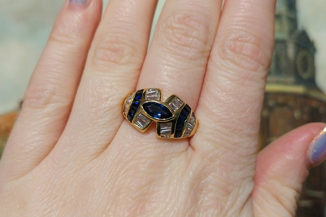 Sapphire and baguette cut diamond ring-Vintage Rings-The Antique Ring Shop