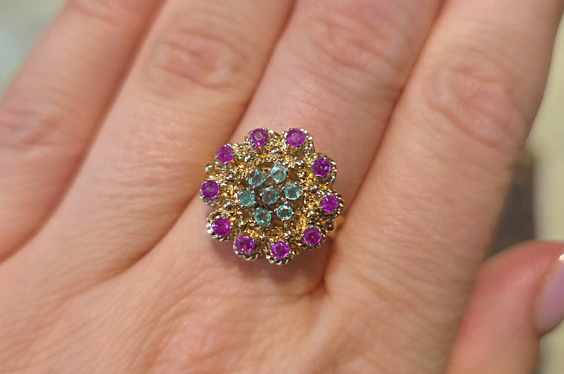 Emerald and ruby cluster ring