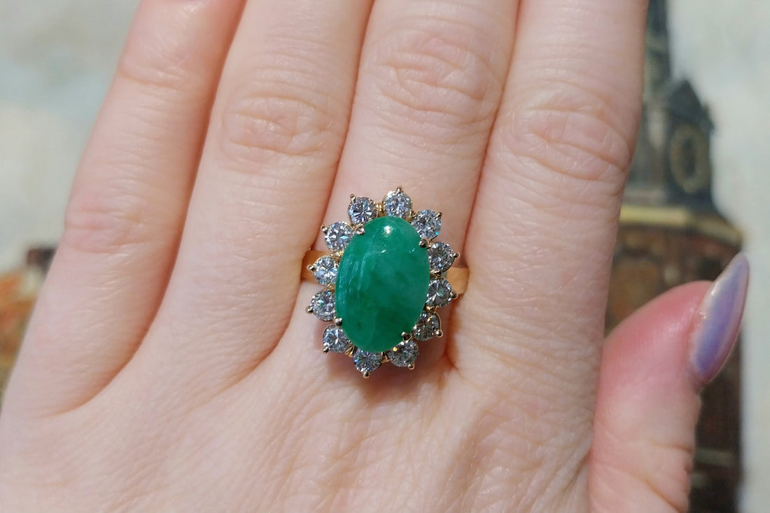 18 carat diamond and jade cluster ring-Vintage Rings-The Antique Ring Shop
