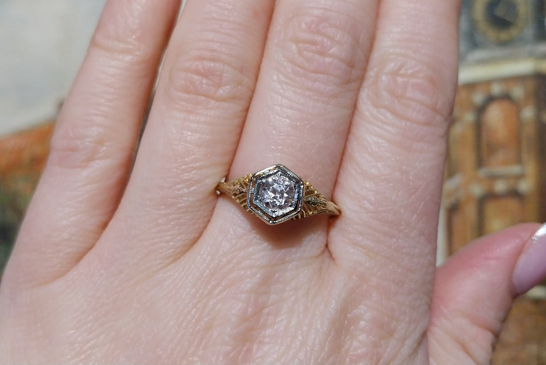 Vintage white sapphire yellow and white gold ring-Vintage Rings-The Antique Ring Shop