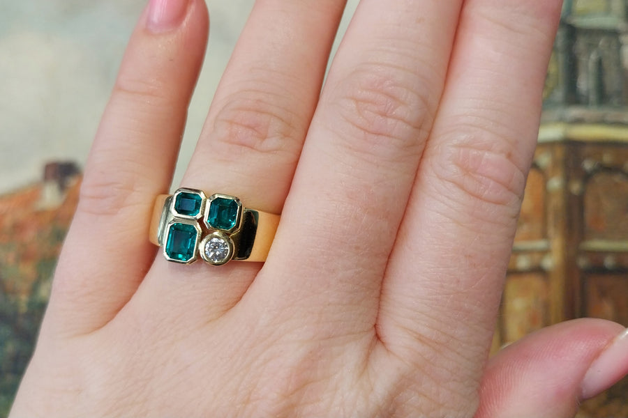 Emerald and diamond ring in 18 carat gold-Vintage Rings-The Antique Ring Shop