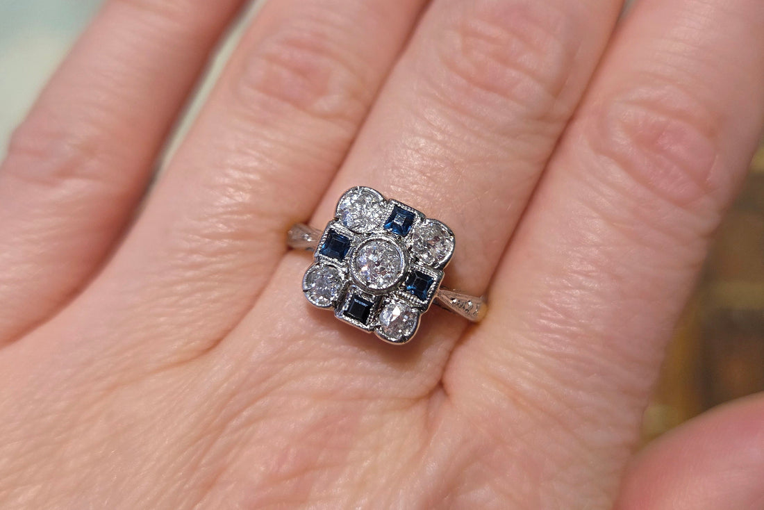 Art Deco old cut diamond and sapphire ring