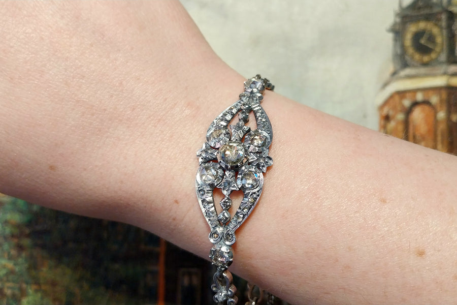 Rose diamond bracelet in silver and 14 carat gold-Bracelets-The Antique Ring Shop